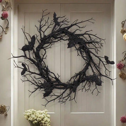 Halloween Bat Wreath with LED Light, Black Branch Door Decor
