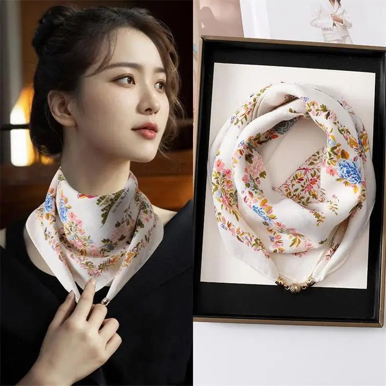 Silk Scarf for Women with Magnetic Buckle, Printed Square Design
