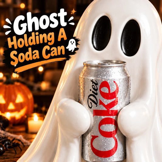 Halloween Ghost Figurine Holding Soda Can, Resin Tabletop Decor