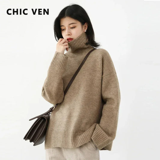 Women's Knit Sweater Loose Fit Turtleneck Winter Pullover