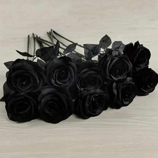 Artificial Black Roses Long Stem Fake Flowers for Halloween Decor