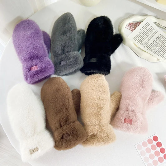 Women's Winter Gloves Faux Fur Warm Plush Full Finger Gloves