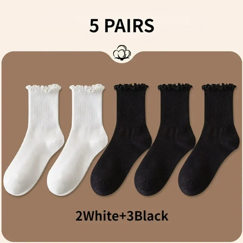 Women’s Ruffle Socks Breathable Mid Tube 5-Pair Set