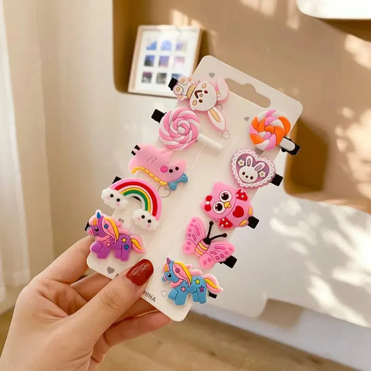 Girls Hair Clips Set with Cute Cartoon Designs – 10 Pieces