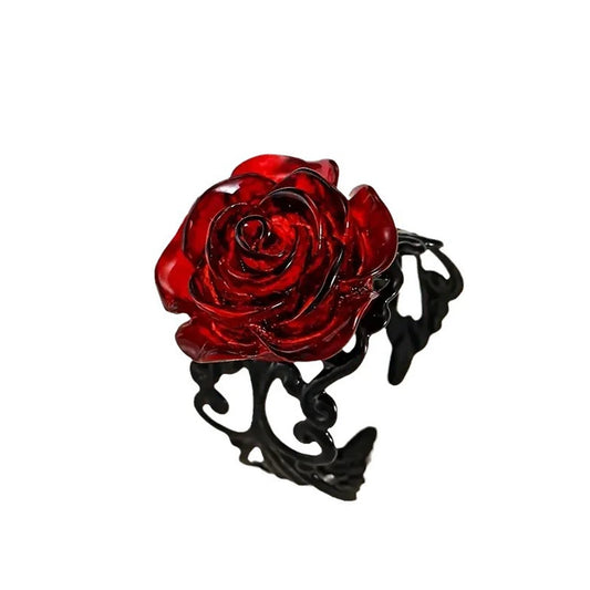 Gothic Rose Ring, Red Rose Black Vine Jewelry for Women