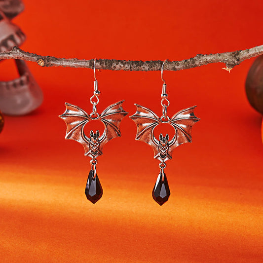 Halloween Bat Earrings, Gothic Red Crystal Drop Jewelry for Women