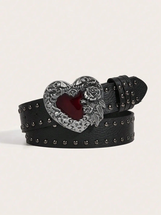 Y2K Punk Belt, Rose Heart Rivet PU Belt for Women