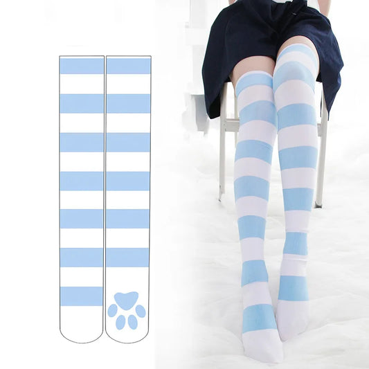 Women's Over Knee Socks Pink Striped Cat Paw Print