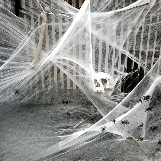 Halloween Spider Web Decoration with 2 Spiders, Stretchable Cobwebs