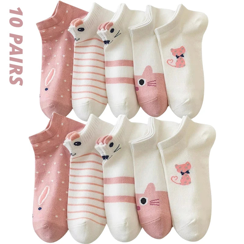Women's Boat Socks Cute Cat Pattern Low Cut 5 Pairs
