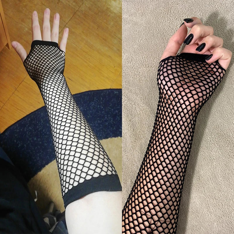 Women's Fingerless Arm Warmers – Long Fishnet Knit Sleeves