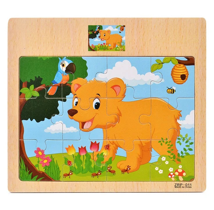 Wooden Puzzle for Kids with Animal and Vehicle Cartoon Designs
