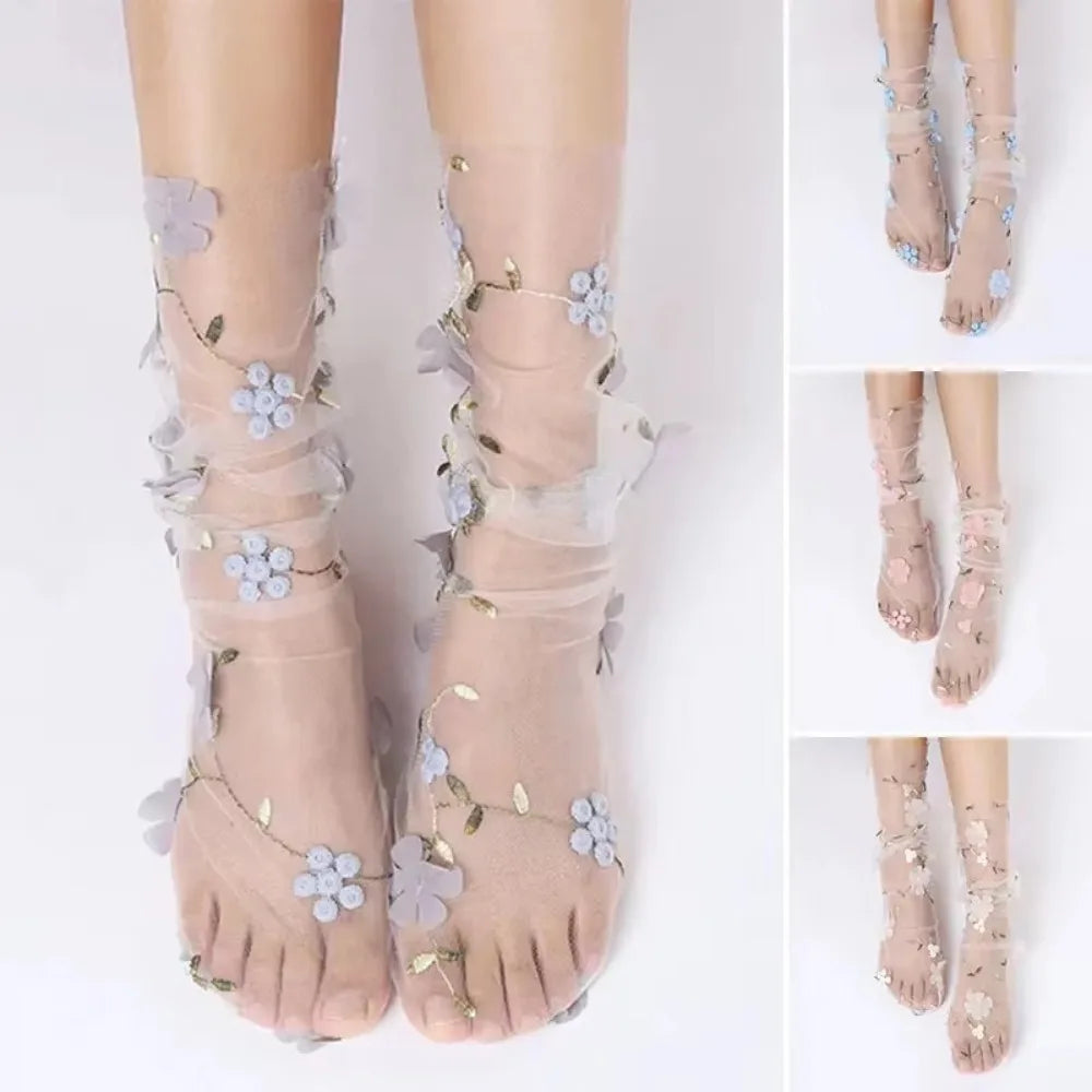 Women's Lace Socks, Sheer Floral Mesh Ankle Socks