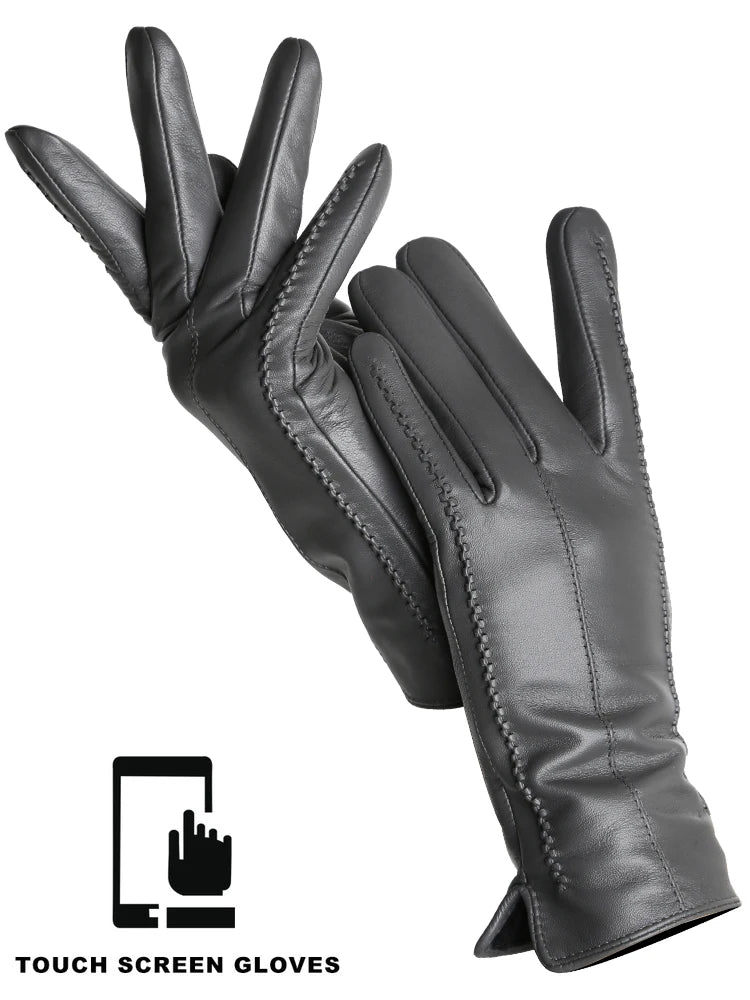 Women's Leather Winter Gloves, Sheepskin Touch Screen Driving
