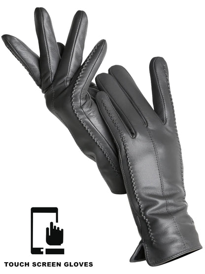 Women's Leather Winter Gloves, Sheepskin Touch Screen Driving