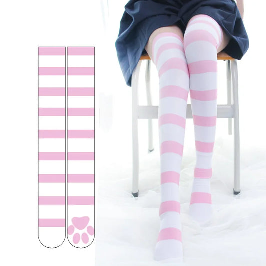 Women's Over Knee Socks Pink Striped Cat Paw Print