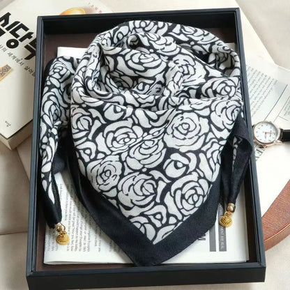 Silk Scarf for Women with Magnetic Buckle, Printed Square Design