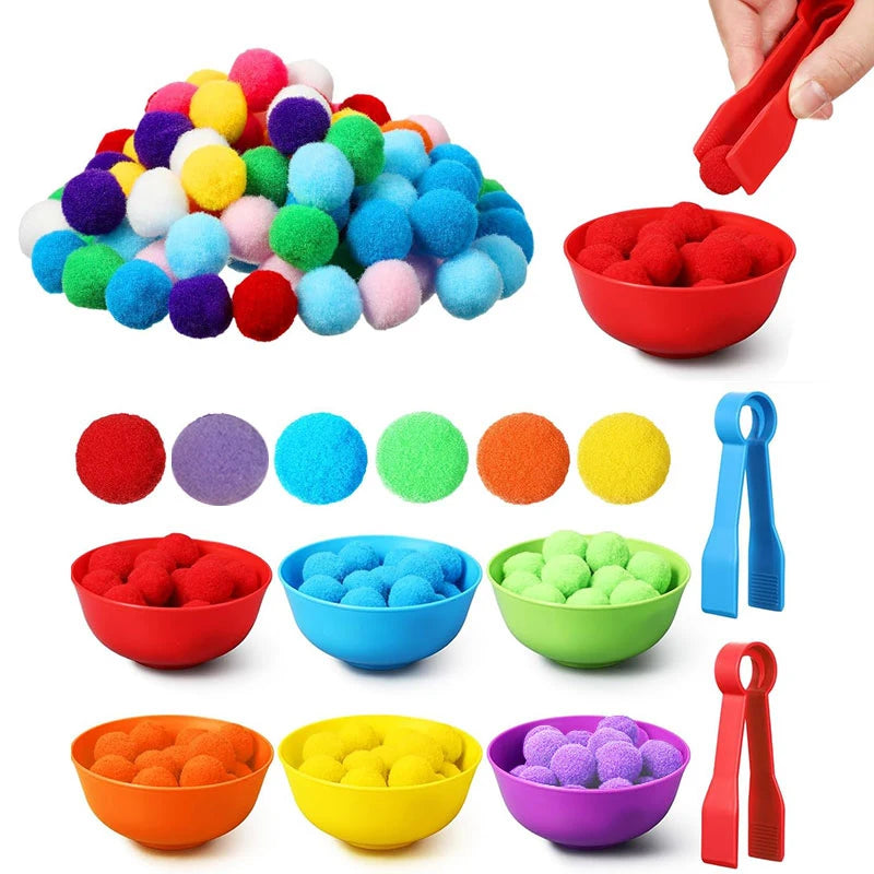 Counting and Sorting Toy with Pom Poms, Bowls and Tweezers