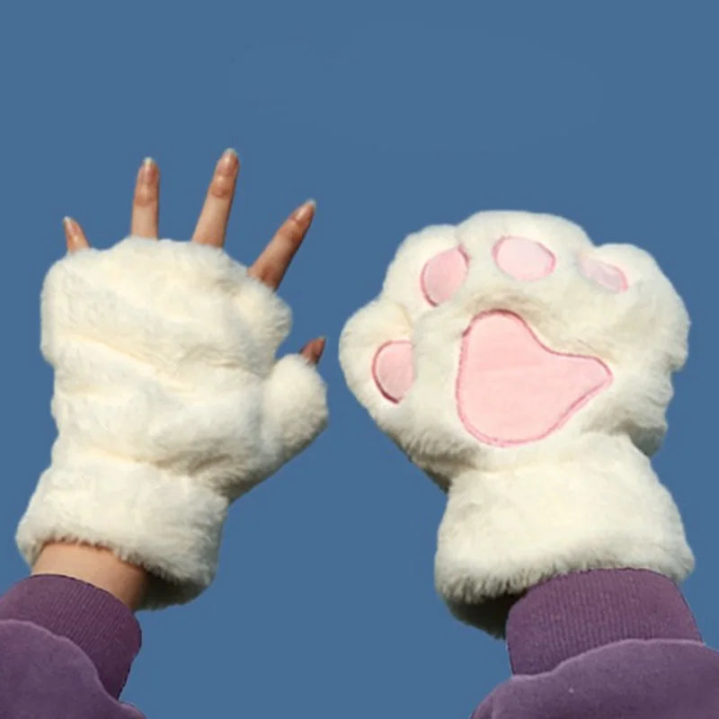 Fingerless Plush Gloves Warm Animal Paw Mittens for Adults