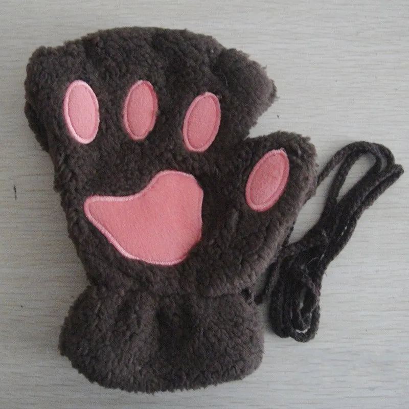 Fingerless Plush Gloves Warm Animal Paw Mittens for Adults