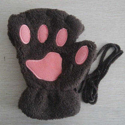 Fingerless Plush Gloves Warm Animal Paw Mittens for Adults
