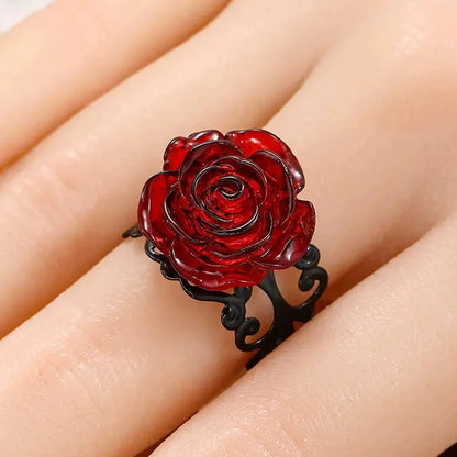 Gothic Rose Ring, Red Rose Black Vine Jewelry for Women