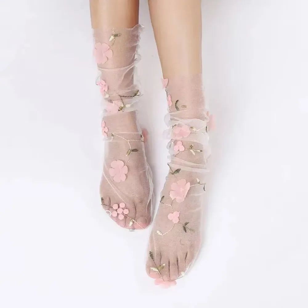 Women's Lace Socks, Sheer Floral Mesh Ankle Socks