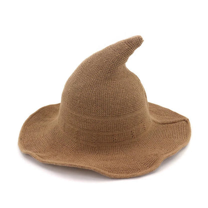 Halloween Witch Hat Long Point Knitted Cap with Wide Brim for Adults