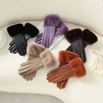 Women's Leather Gloves with Faux Fur Cuff, Touchscreen Winter Warmth