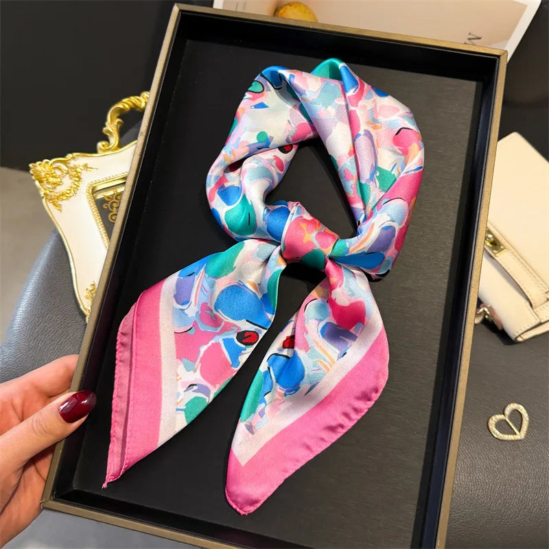Silk Square Scarf 70x70cm Floral Satin Wrap for Women
