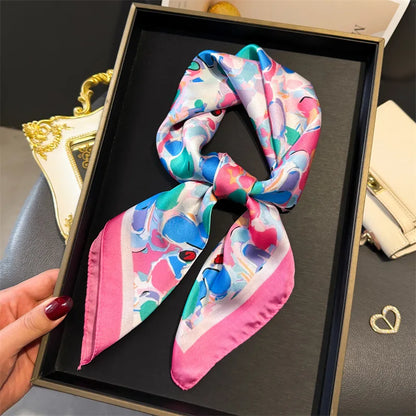 Silk Square Scarf 70x70cm Floral Satin Wrap for Women