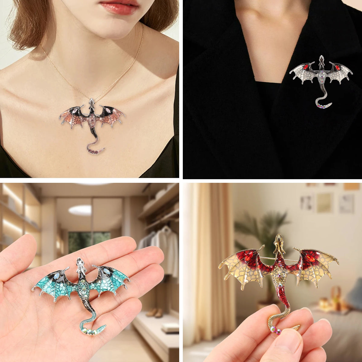 Dragon Brooch Pins, 10-Piece Enamel Wing Pendant Set