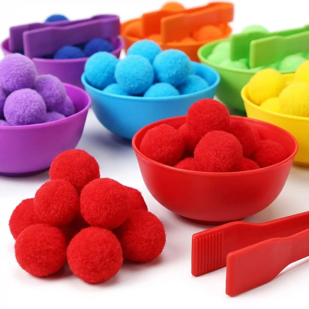 Counting and Sorting Toy with Pom Poms, Bowls and Tweezers