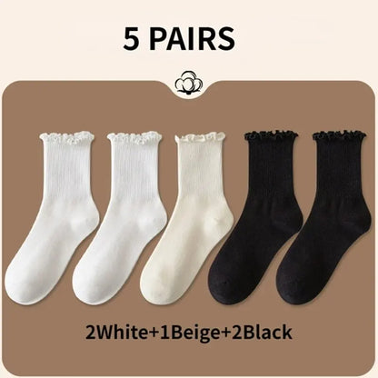 Women’s Ruffle Socks Breathable Mid Tube 5-Pair Set