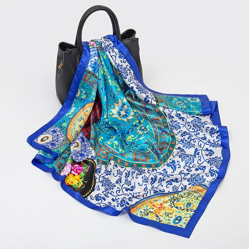 Women's Square Scarf – Satin Print Hair & Head Wrap 90×90cm