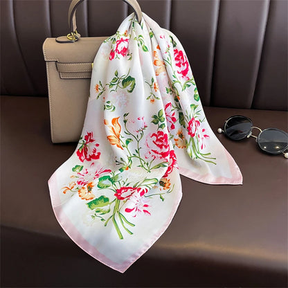 Silk Square Scarf 70x70cm Floral Satin Wrap for Women