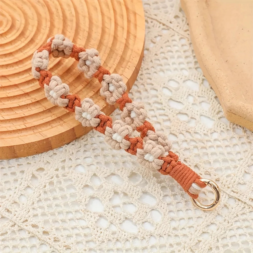 Macrame Keychain Floral Wristlet for Keys, Bags and Phone
