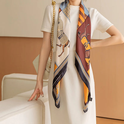 Women's Square Scarf 110x110cm Silk Feel Horse Print Shawl