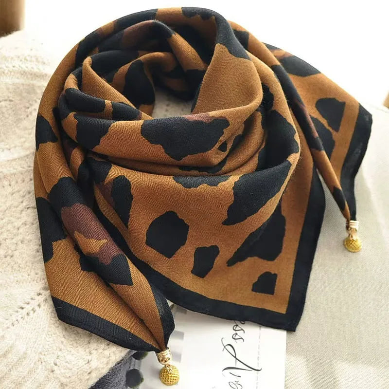 Silk Scarf for Women with Magnetic Buckle, Printed Square Design