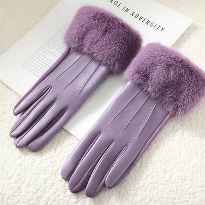 Women's Leather Gloves with Faux Fur Cuff, Touchscreen Winter Warmth