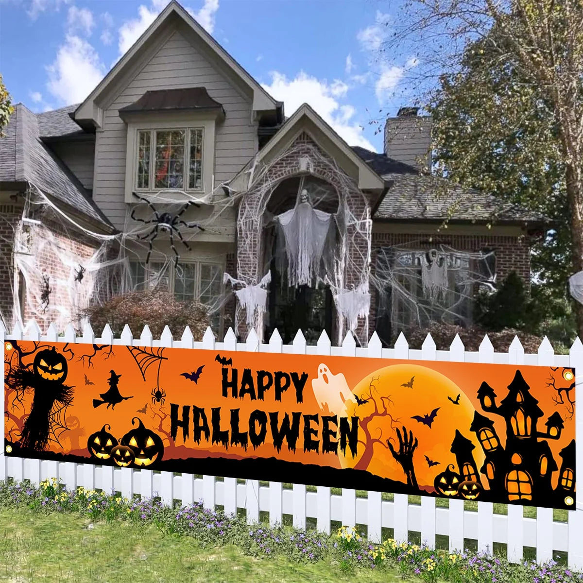 Halloween Outdoor Banner – Pumpkin and Bat Party Decoration