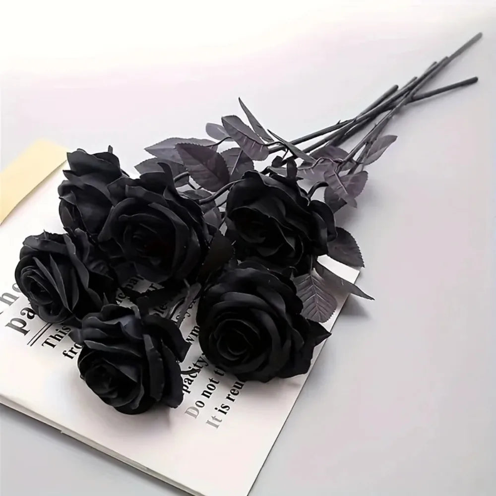 Artificial Black Roses Long Stem Fake Flowers for Halloween Decor
