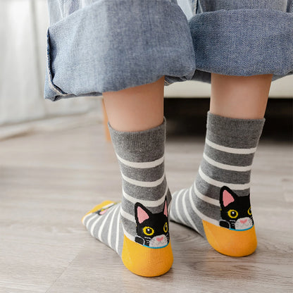 Women's Crew Socks with Cat Patterns, 5 Pairs