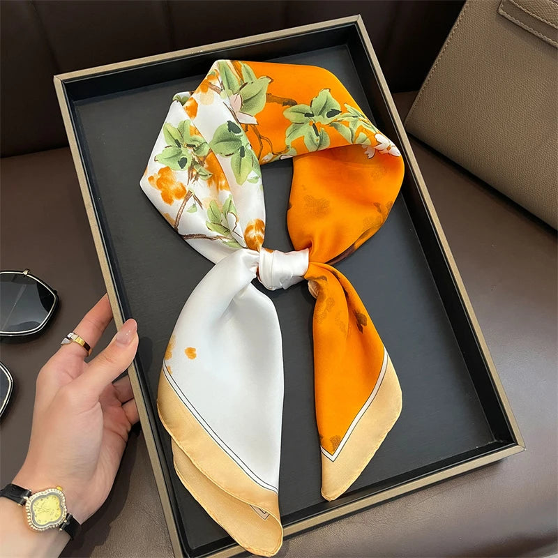 Silk Square Scarf 70x70cm Floral Satin Wrap for Women
