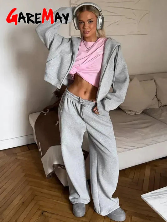 Women's Tracksuit Set Hooded Zipper Top Wide Leg Pants