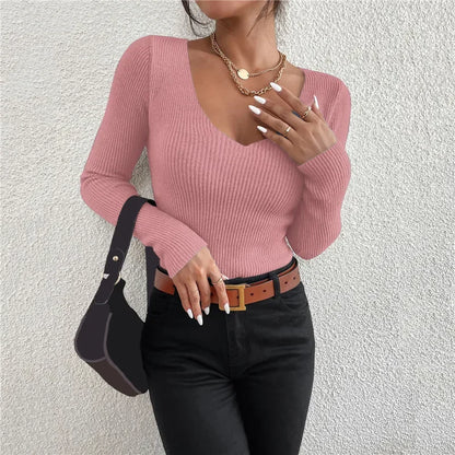 Women's Rib Knit Sweater V-Neck Slim Fit Autumn Winter Pullover