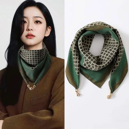 Silk Scarf for Women with Magnetic Buckle, Printed Square Design