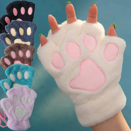 Fingerless Plush Gloves Warm Animal Paw Mittens for Adults