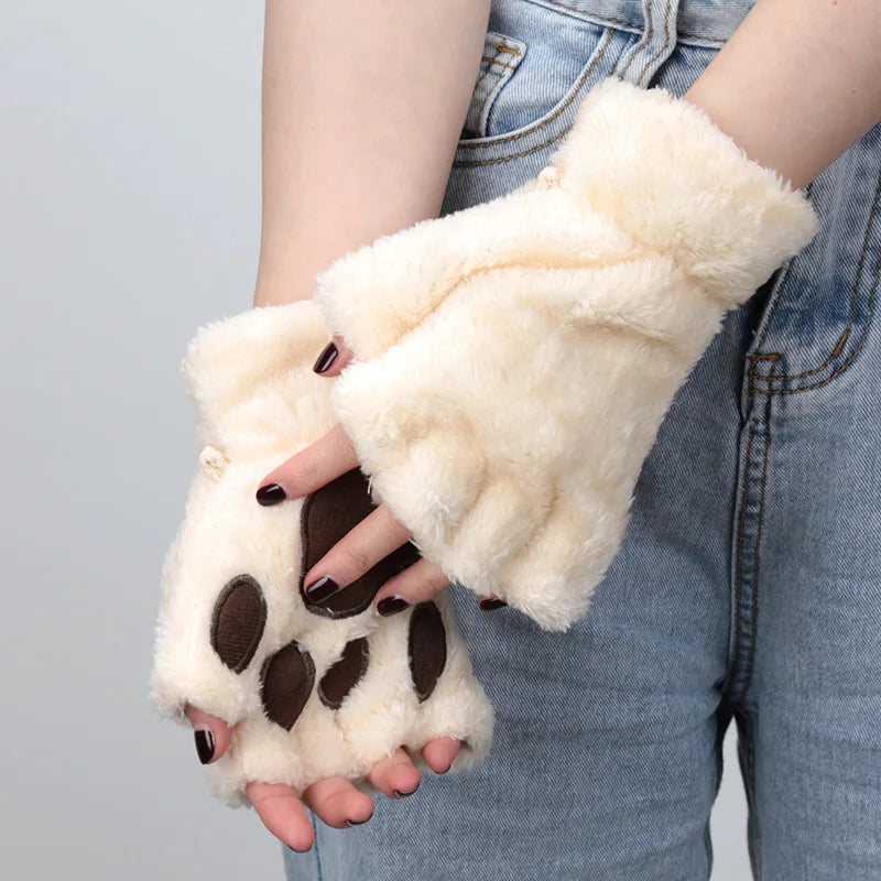 Fingerless Winter Gloves Plush Warm Mittens for Women and Girls