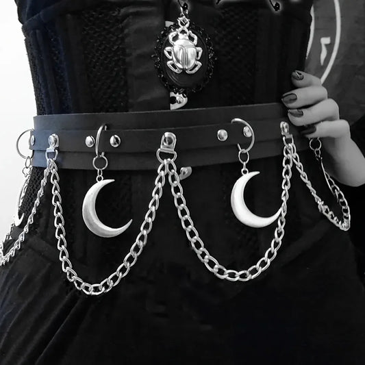 Gothic Belt for Women, Black PU Leather Moon Pendant Waist Belt